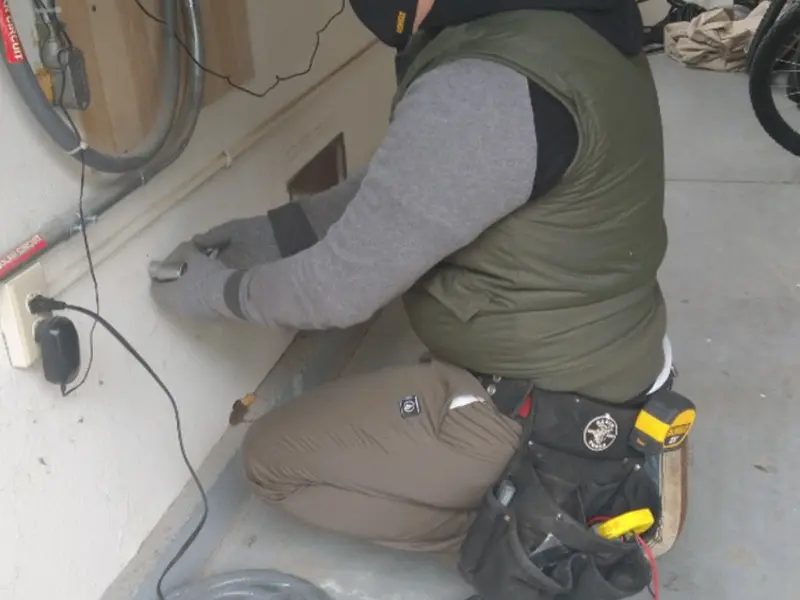 Electrician performing outlet wiring in a Haughton garage
